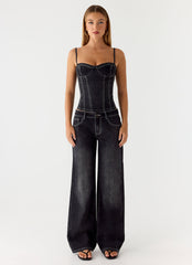 Nathan Denim Corset Top - Washed Black